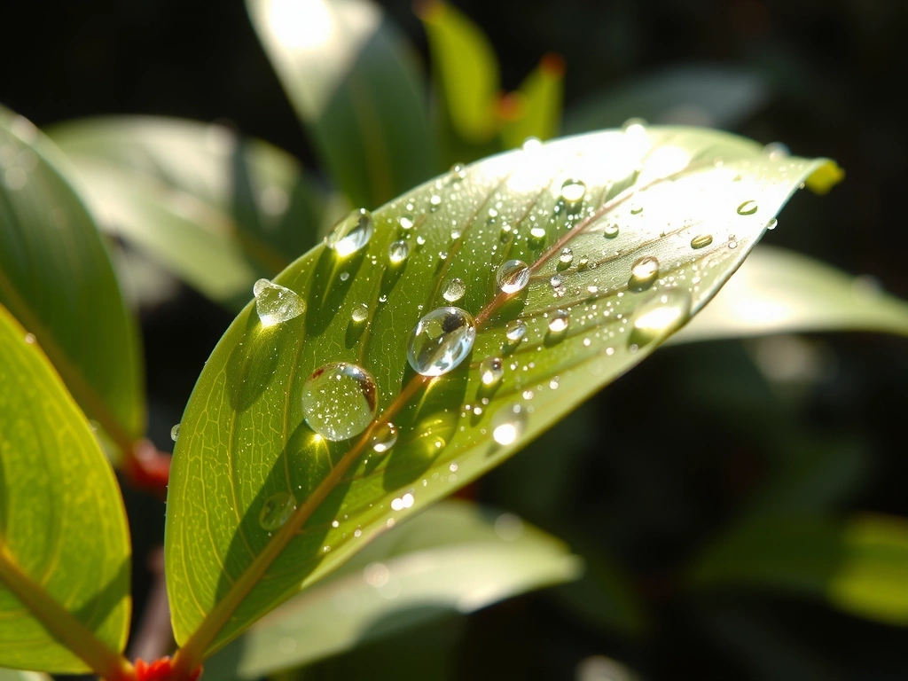 Sunlight refracting through dew on a leaf
