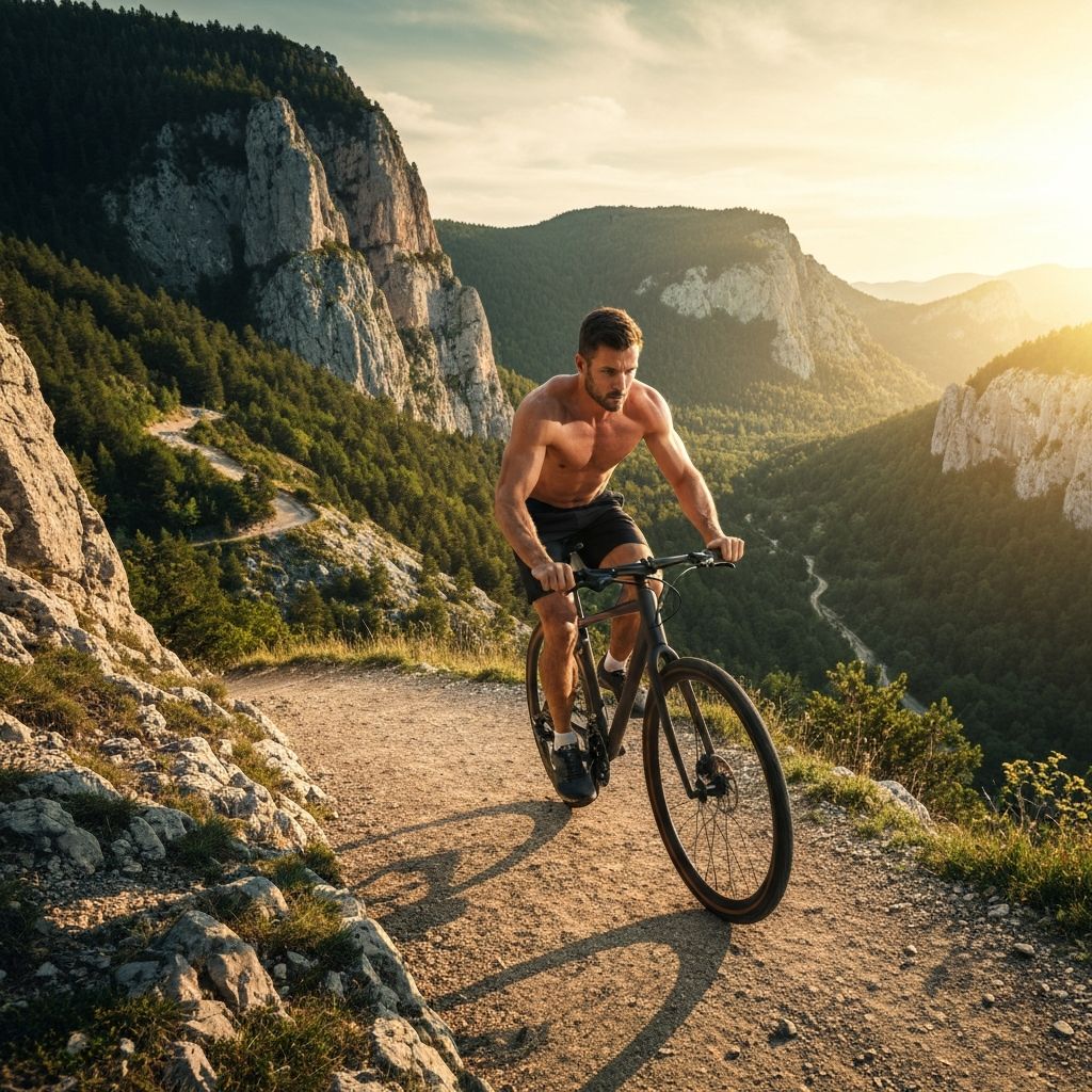 Man engaged in cycling on mountain path with dynamic controlled movement and natural landscape backdrop