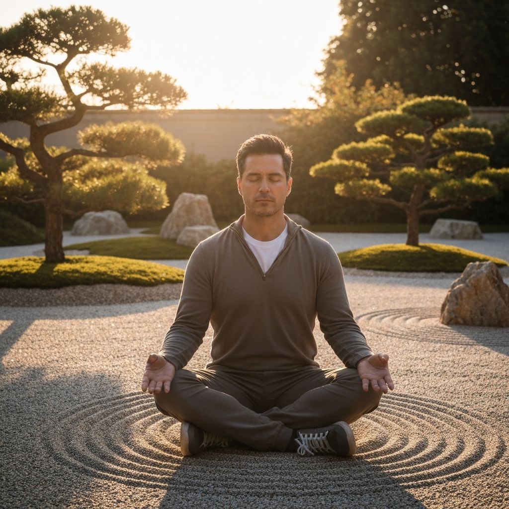 Man sitting in peaceful meditation with focused expression in zen garden environment