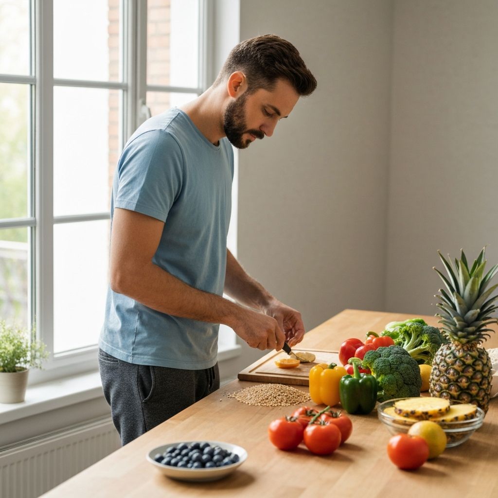 Man preparing fresh healthy meal with whole foods vegetables and grains on clean wooden kitchen counter