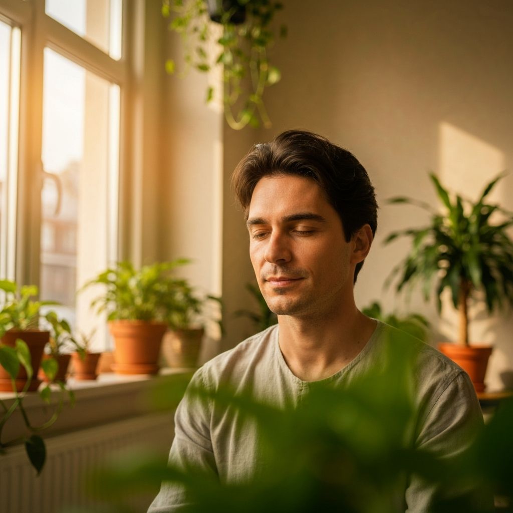 Man in peaceful calm state practicing breathing exercises in quiet indoor space demonstrating stress relief